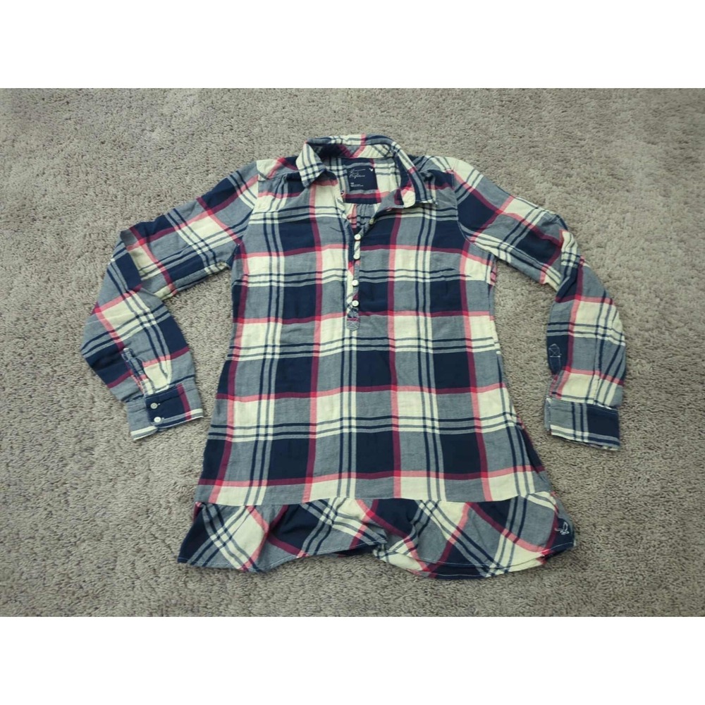 American Eagle Popover Tunic Shirt‎ Womens 10 Plaid Long Sleeve Ruffled Hem